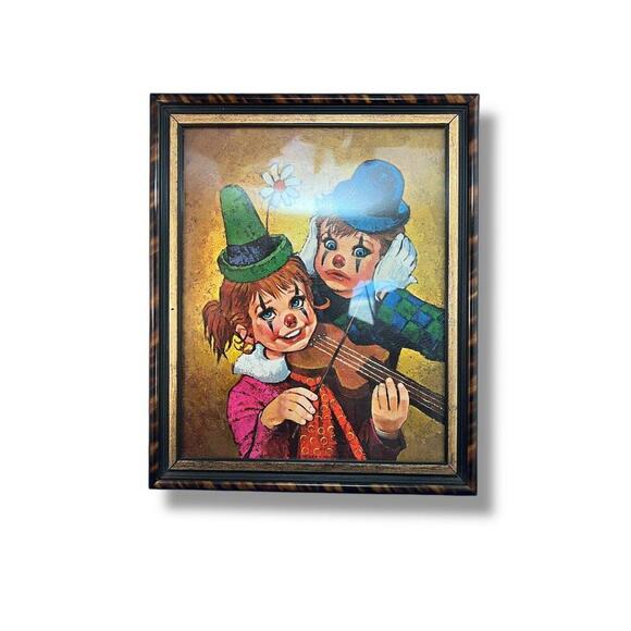 Vintage 1967 Big Eyes Clown Boy & Girl Print – Midcentury Art on Cardboard - Picture 1 of 7